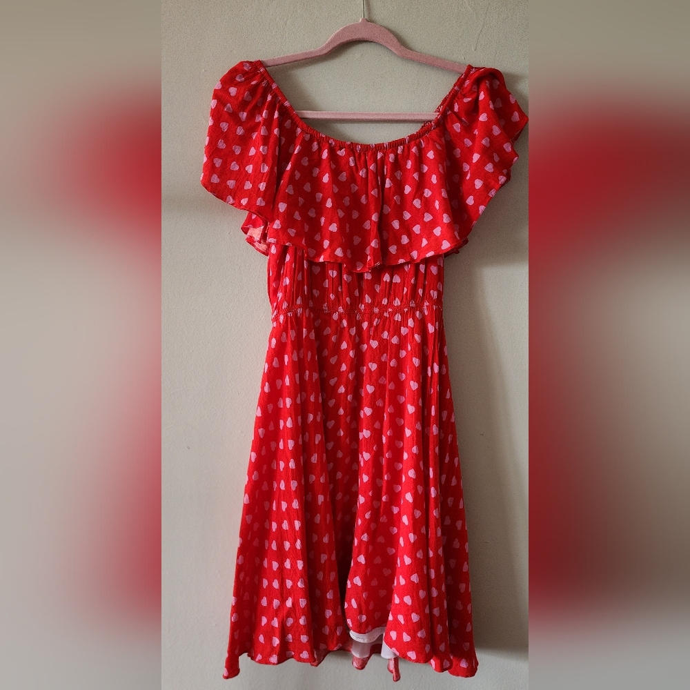 Vivi Red With Pink Hearts Dress Size Medium Off The Shoulder And Waist Tie - Picture 8 of 8